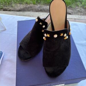 Stuart Weitzman Black Mules with Gold and Pearl Accents dohickey